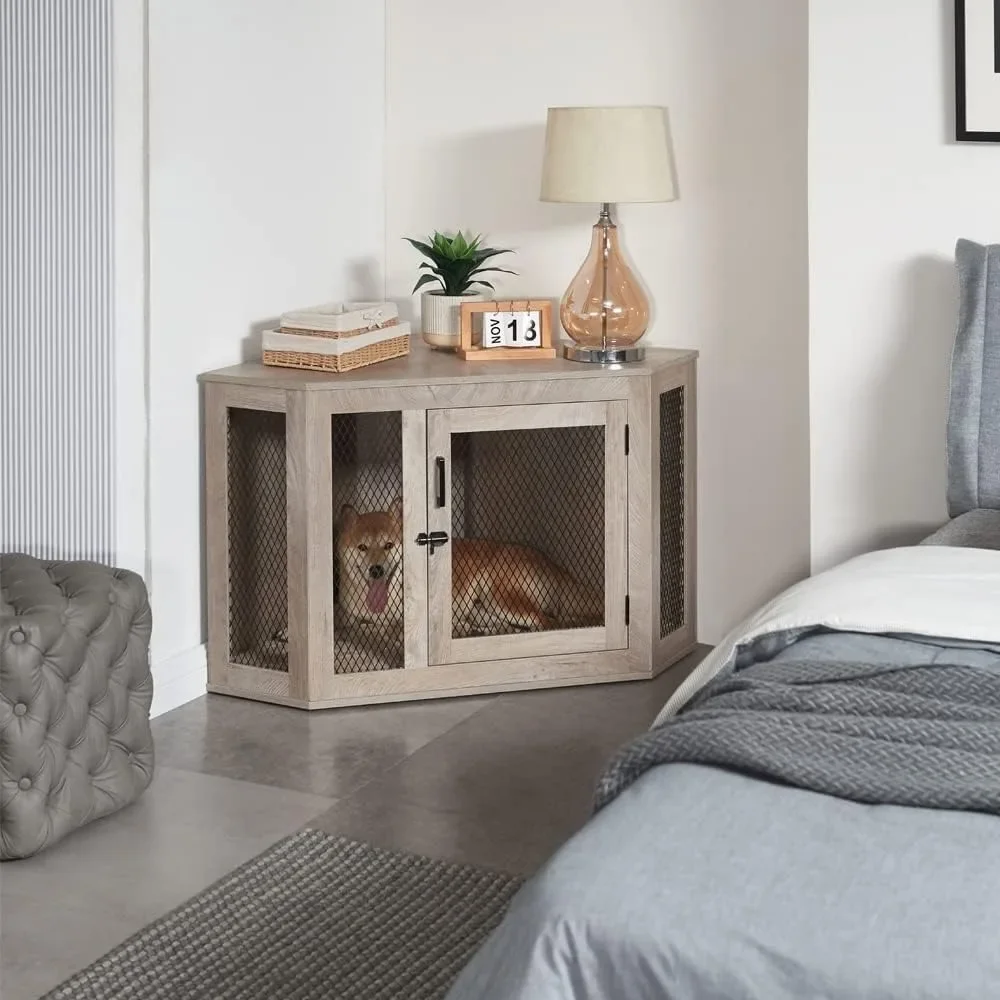 

Furniture Style Corner Dog Crate for Small Medium Dogs, Indoor Aesthetic Puppy Kennel TV Stand, Modern Decorative Wood Pet House