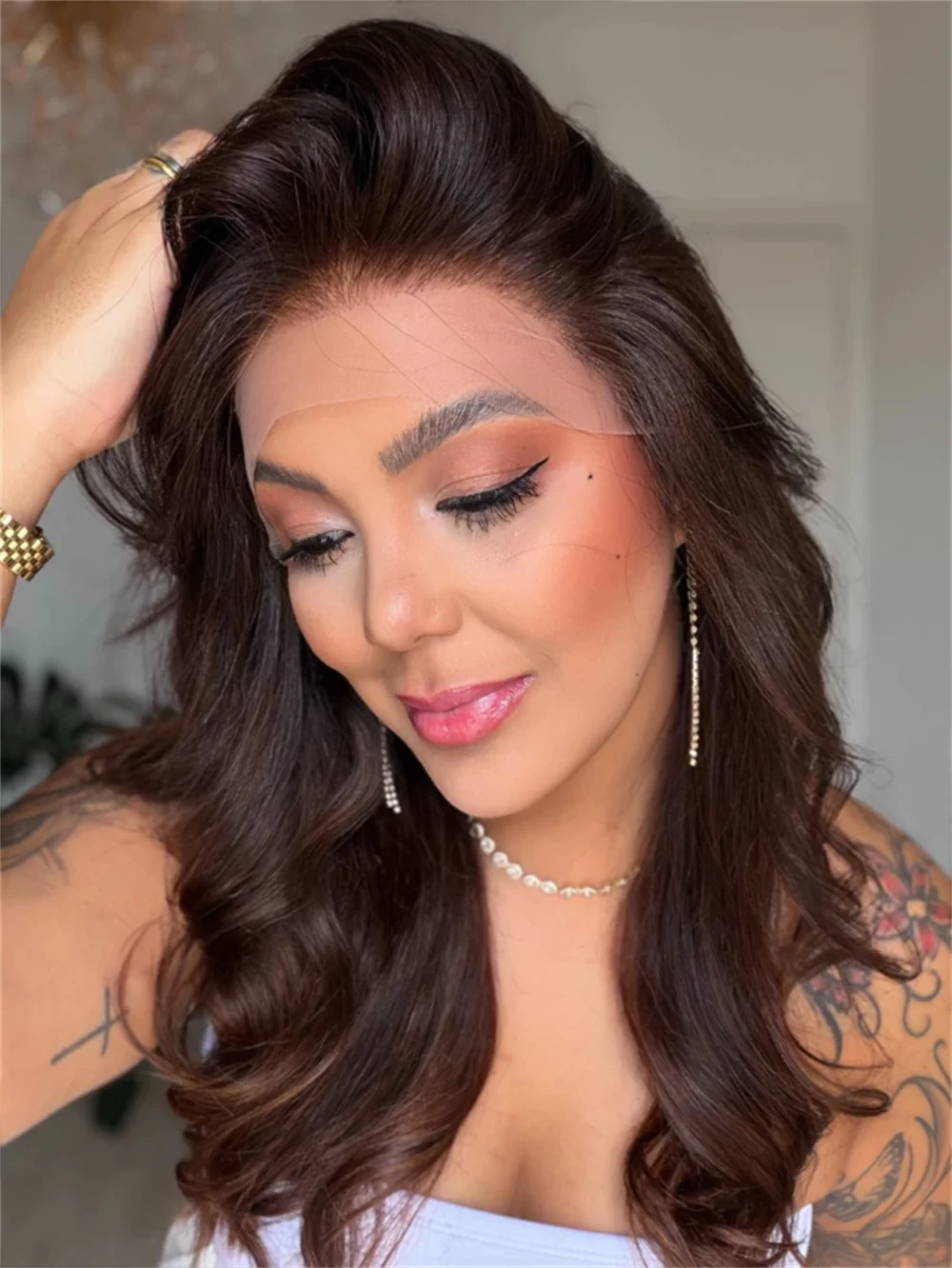 

Каштаново-коричневый синтетический парик с HD прозрачной сеткой, волнистый, до плеч, из волокна Futura, с возможностью свободной части, готов к носке