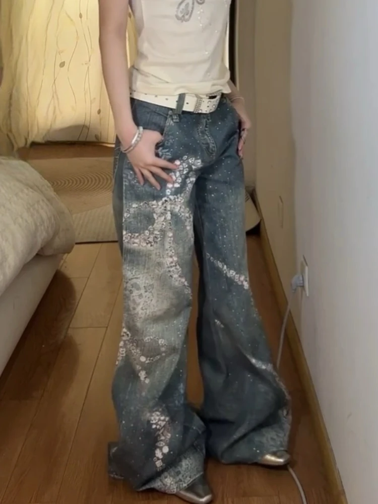 Deeptown Y2k Vintage Rhinestone Butterfly Women Jeans Washed Harajuku Wide Leg American Style Baggy Denim Pants Gyaru Hip Hop