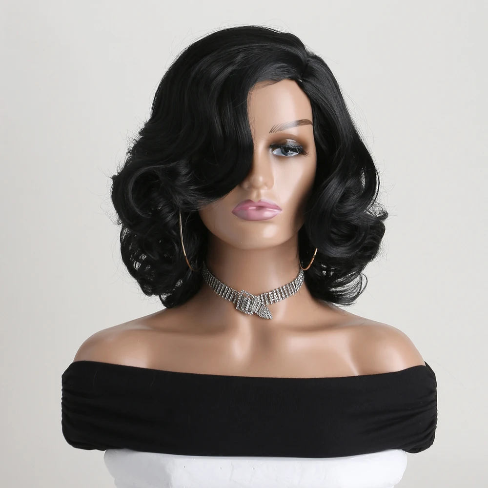 12 Inch Black Wig  Natural Synthetic Wigs for Women curly Wig  Heat Resistant Hair For Daily Use Holiday Halloween Costume Party