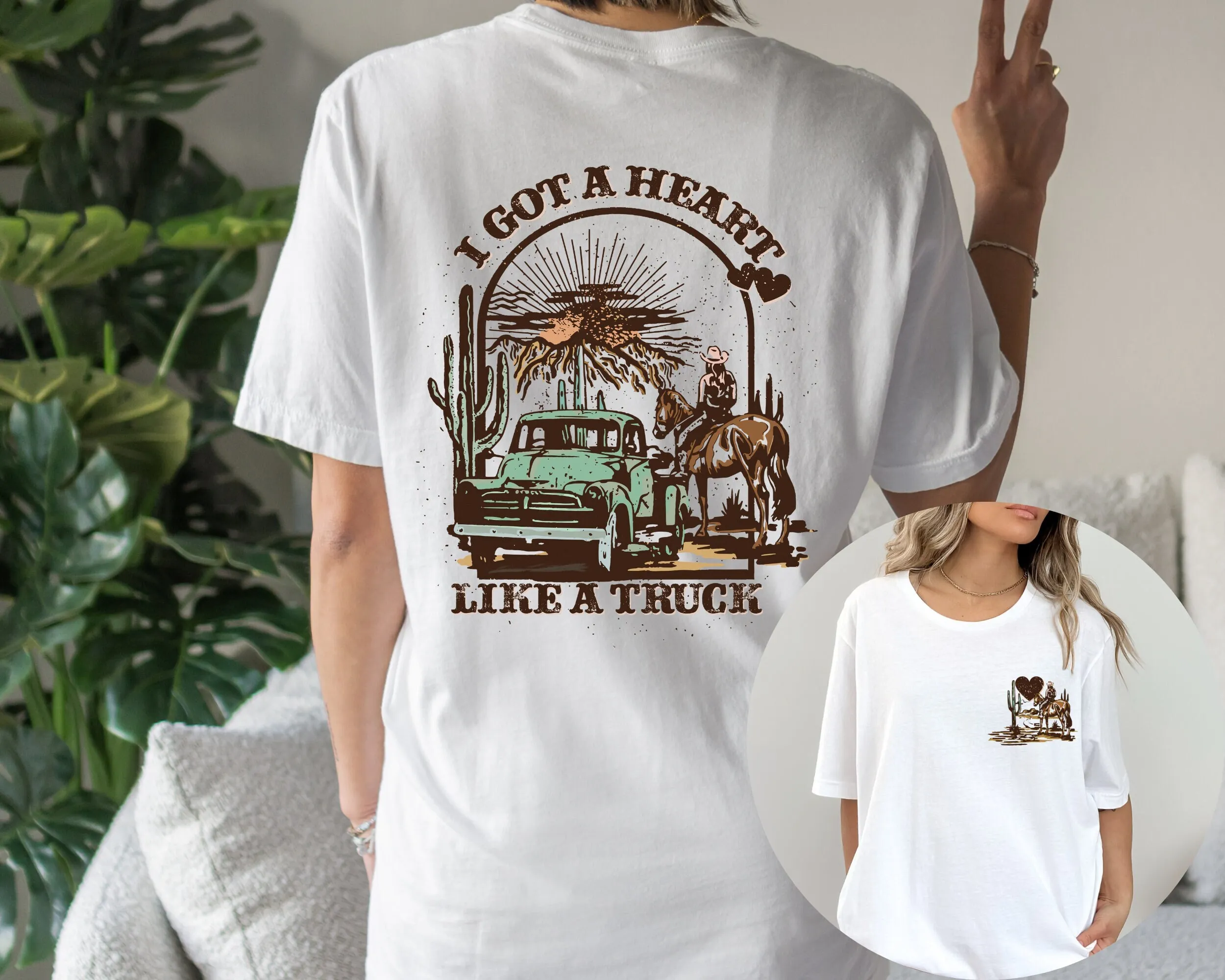 Heart Like A Truck Cowboy T shirt Front And Back Print Country Music Western Sunset Cowgirl Cowboys