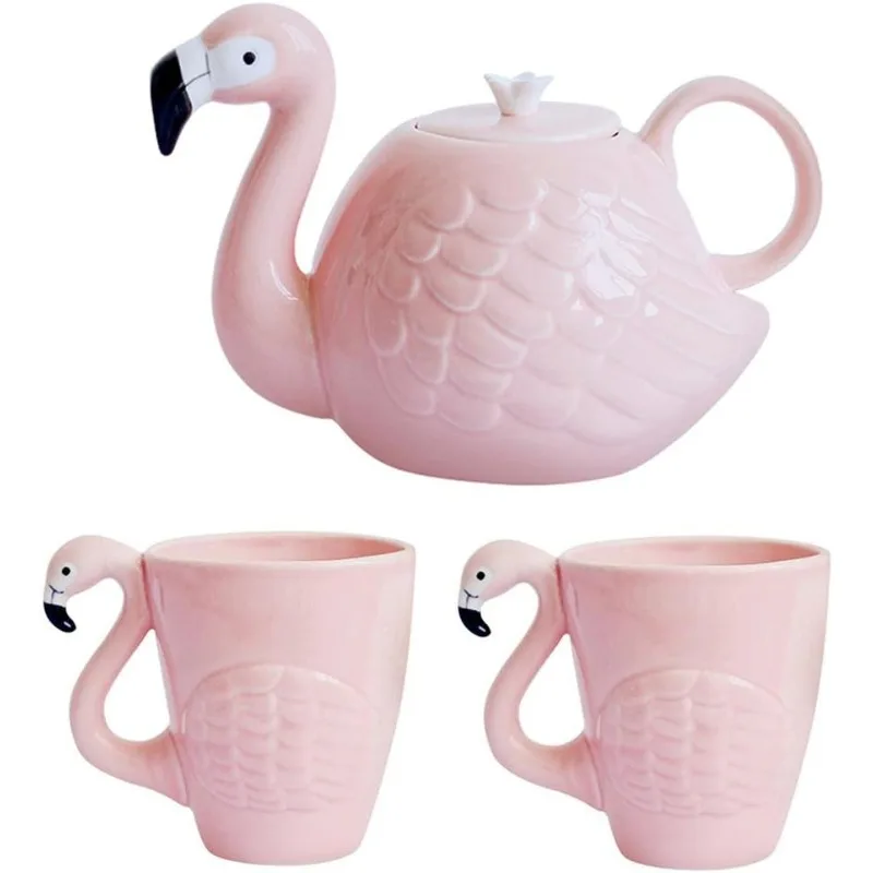 

Flamingo Coffee Mugs and Teapot Set 15 Ounce Ceramic Flamingo Cups 34 Ounce Porcelain Teapot Flamingo Tea Set Gift (Set of 3)