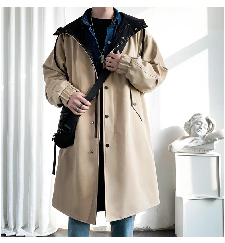 トレンチメンズコートファッションフード付きトレンチコート秋ミッドレングスシングルブレストルーズウインドブレーカーカジュアルオーバーコートフェイクツーピース