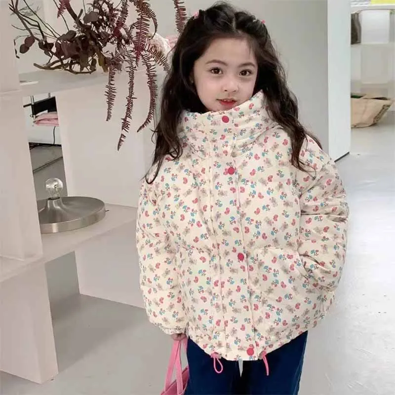 Girls Padded Cotton Clothes Kids Plus Velvet Thickened Down Coat Baby Floral Hooded Parkas Winter New Warm Zipper Snowsuit