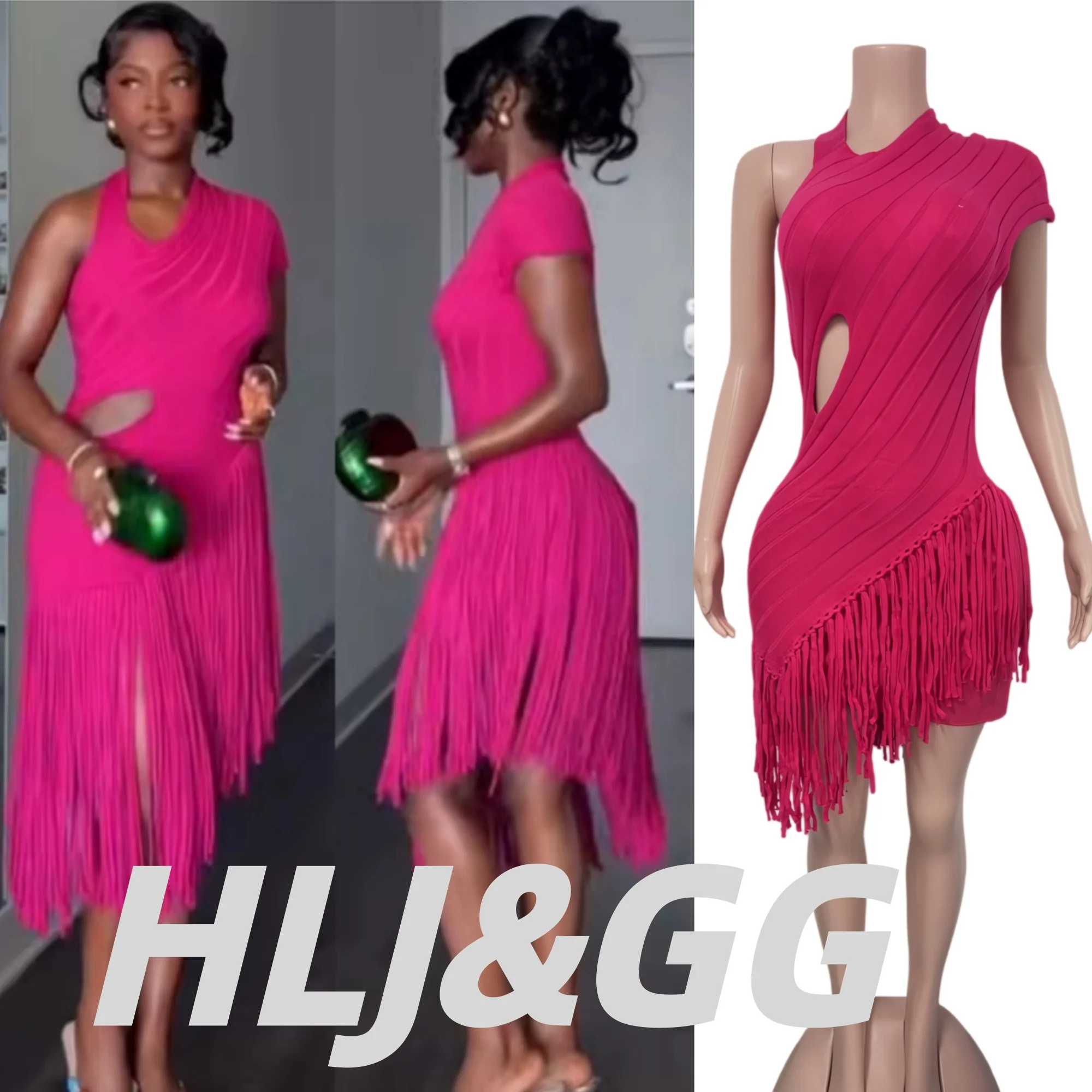 HLJ Sexy Yellow One Shoulder Hollow Out Dress for Women Ribbed Fringe Tassel Hem Side Slit Bodycon Pencil Dress Party Nightclub