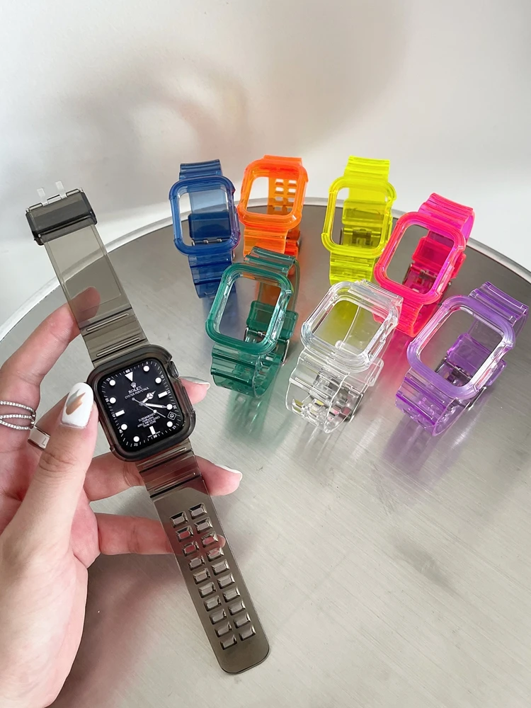 Case+Strap for Apple Watch Band 44mm 40mm 45mm 41mm 42mm 38mm Accessories Transparent Silicone Bracelet iWatch series 8 3 6 se 7