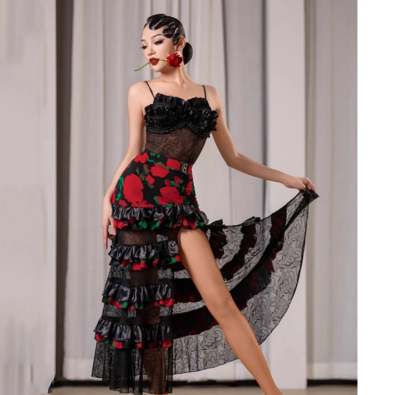 2024 New Latin Dance Costumes For Woemn Sexy Lace Tops Big Swing Skirt Suit Modern Chacha Latin Performance Dance Dress DQS16038