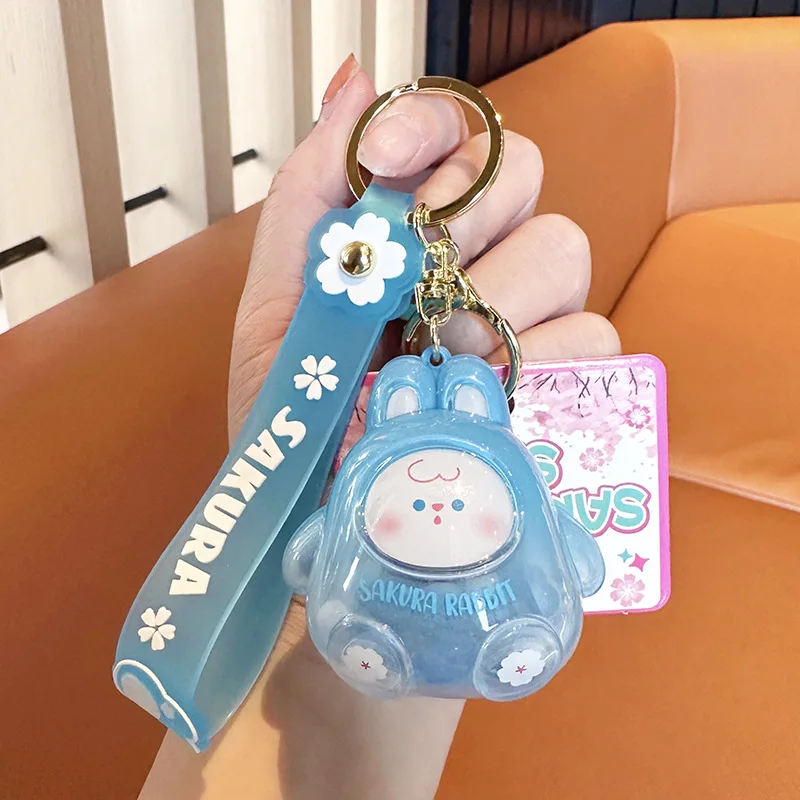 Cute Spring Sakura Rabbit Wobble Bead Key Chain Cartoon Lovely Bunny Doll Key Ring Women Girl Backpack Pendant Keychains