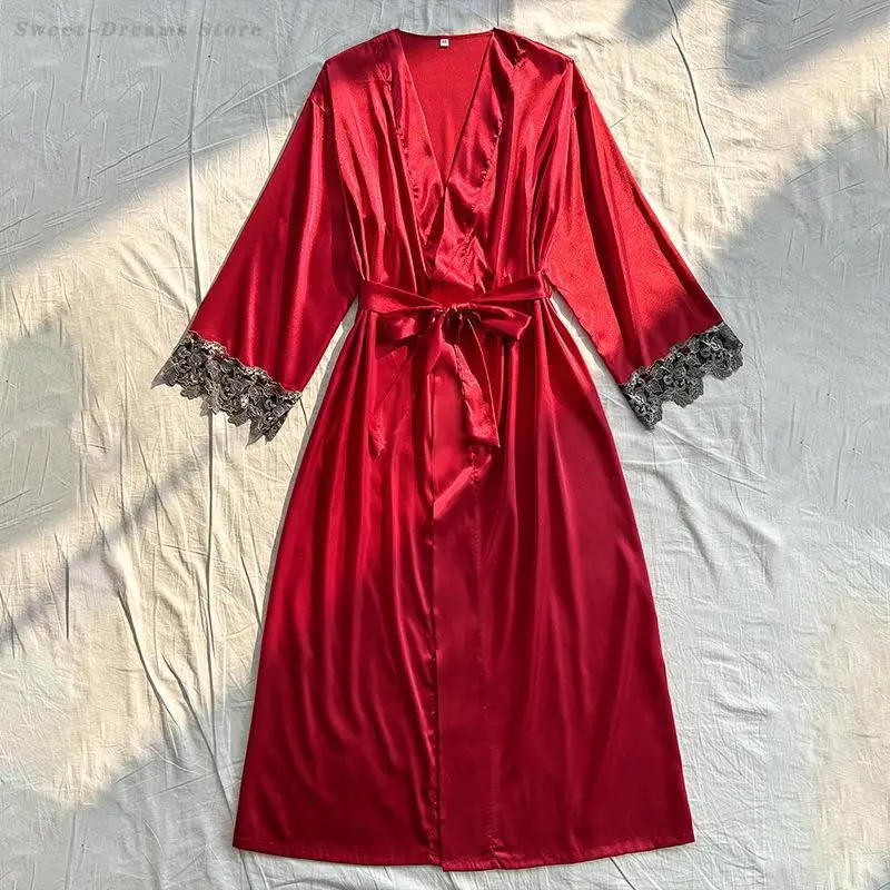 

Bride Wedding Long Robe Sleepwear Sexy Lace Bathrobe Kimono Gown Silky Satin Nightgown Loose Casual Home Dressing Loungewear