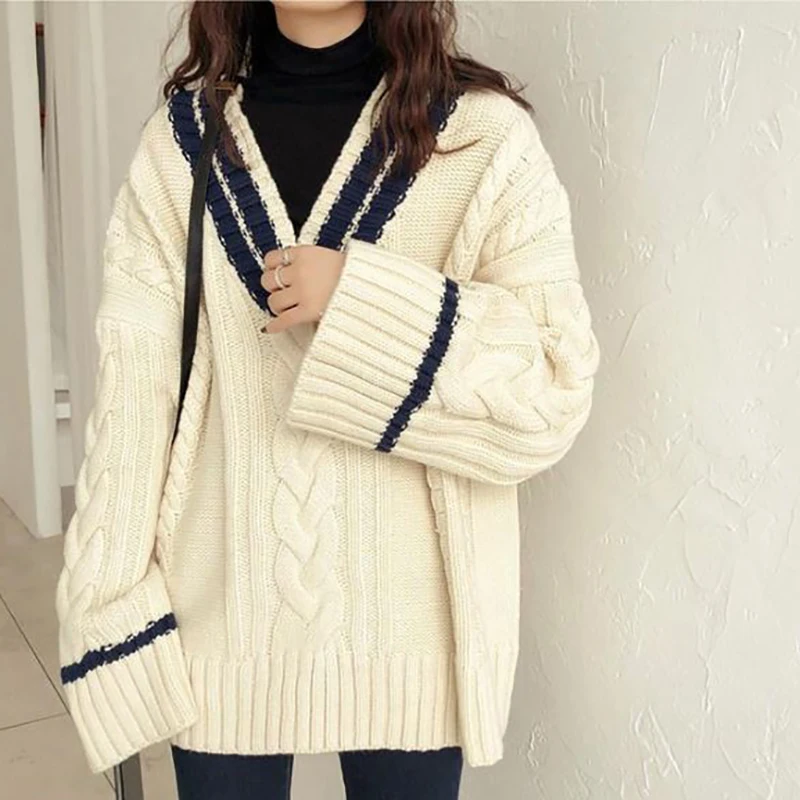 HELIAR Women Thickened Warm Sweater Ribbed Patchwork V-Neck Loose Casual Pullovers Knit Office Jumpers Sweater Autumn Winter