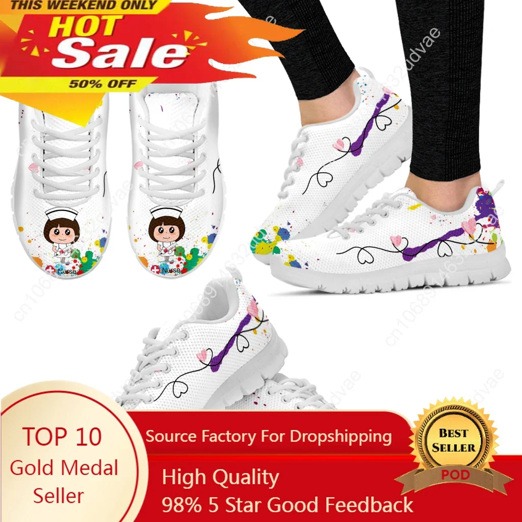 White Nurse Girl Love Pattern Women Lace Up Sneaker Fashion Tie Dye Printing Flat Shoes For Ladies Zapatillas Hot