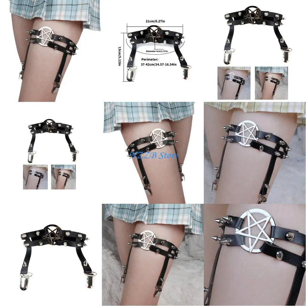 T21F Punk Leg Garter حزام الحزام المعدني برسل ساق مرصعة للنساء Cosplay