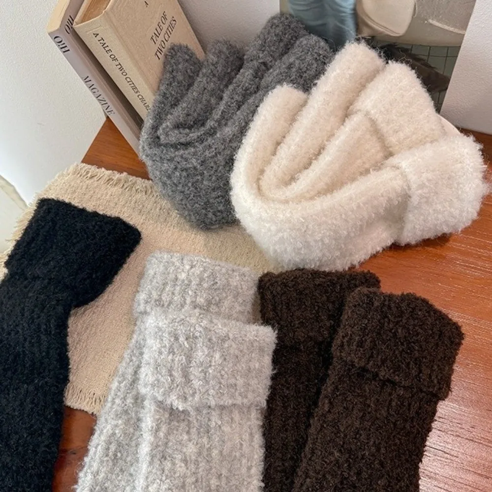 Thick Warm Knitted Leg Warmers Turn-Cuff Design Knitted Texture Wool Blend Leg Warmers Stretchy Fabric Fleece Lining