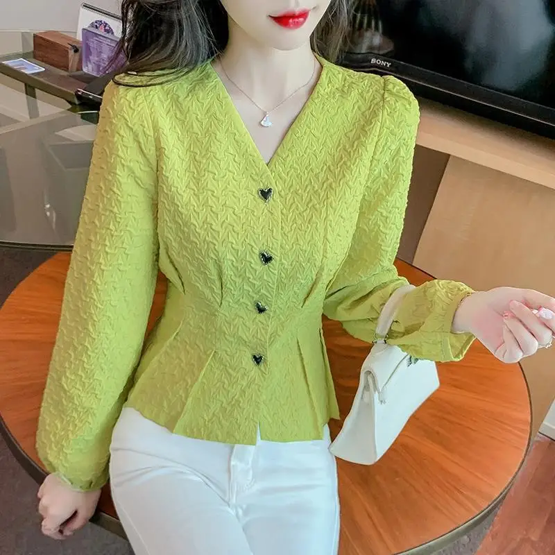 Damen Herbst und Winter neue Mode elegante solide V-Ausschnitt Knopf lässig vielseitige Temperament Blase Ärmel Slim Fit Shirt Tops