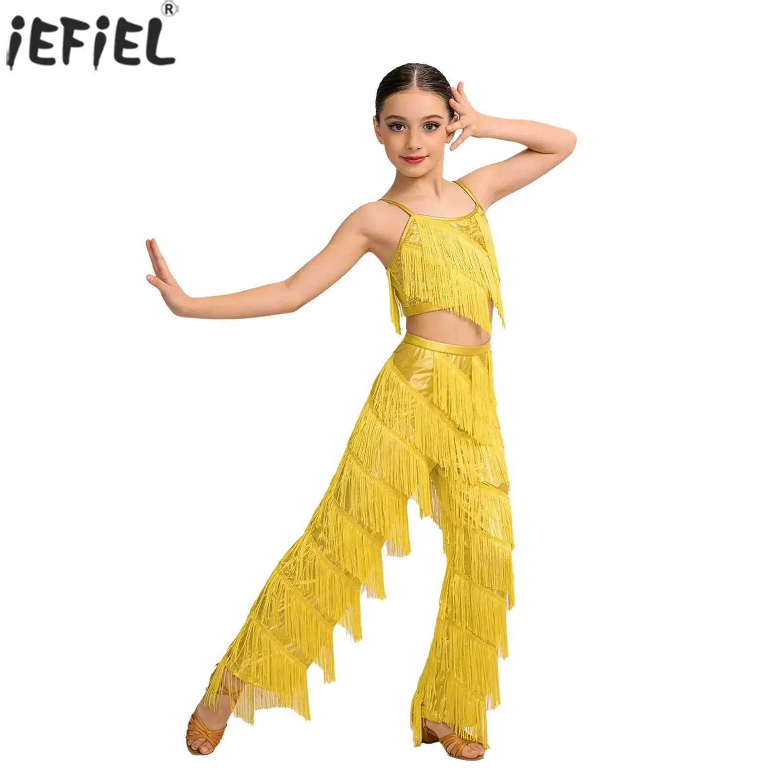 Kinder Mädchen Quasten-Lateintanzkostüm Ärmelloses Glänzendes Pailletten-Camisole-Top mit Hose Ballsaal Rumba Samba Cha-Cha Tanzkleidung