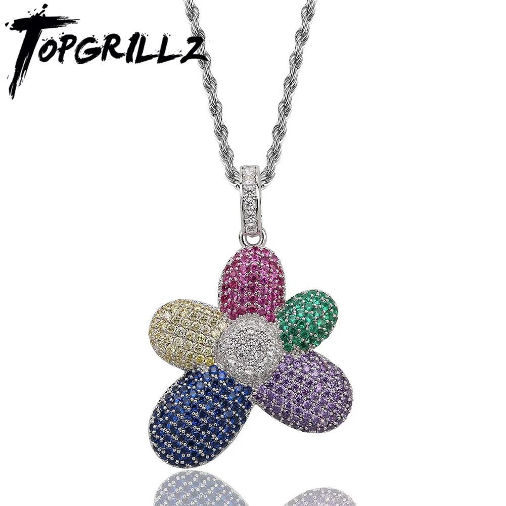 

TOPGRILLZ New Flower Pendants Necklaces With Tennis Chain Plant Cubic Zircon Hip Hop Jewelry For Couple