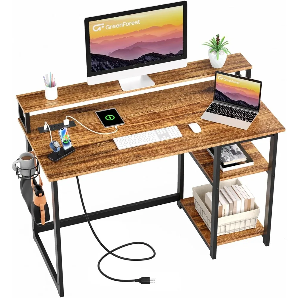 

47 inch Computer Desk with Power Outlets, Small Home Office Desk with Ergonomic Monitor Stand, Reversible Gaming Desk, Modern S