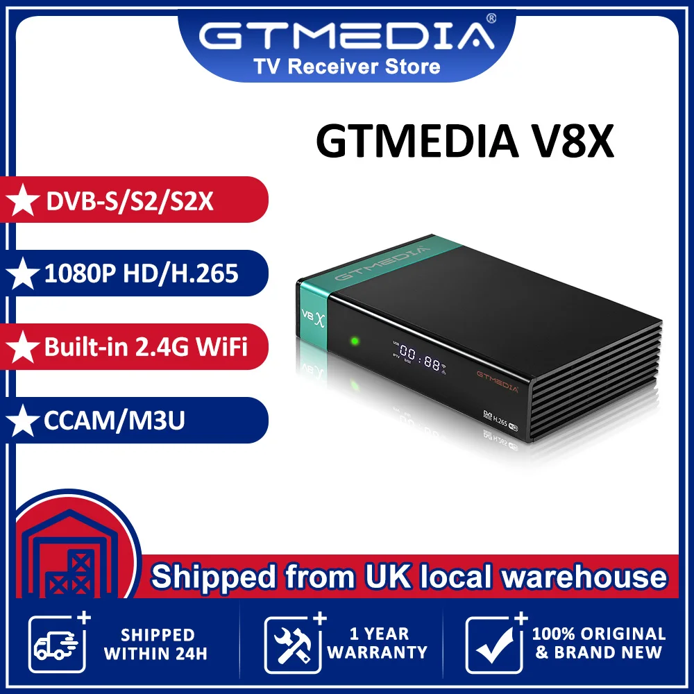 UK GTMEDIA V8X Satellite HD TV Receiver H.265 DVB-S2X/S2/S 1080P Built-in 2.4G WIFI Ethernet Set Top Box DLNA SAT2IP CCAM M3U