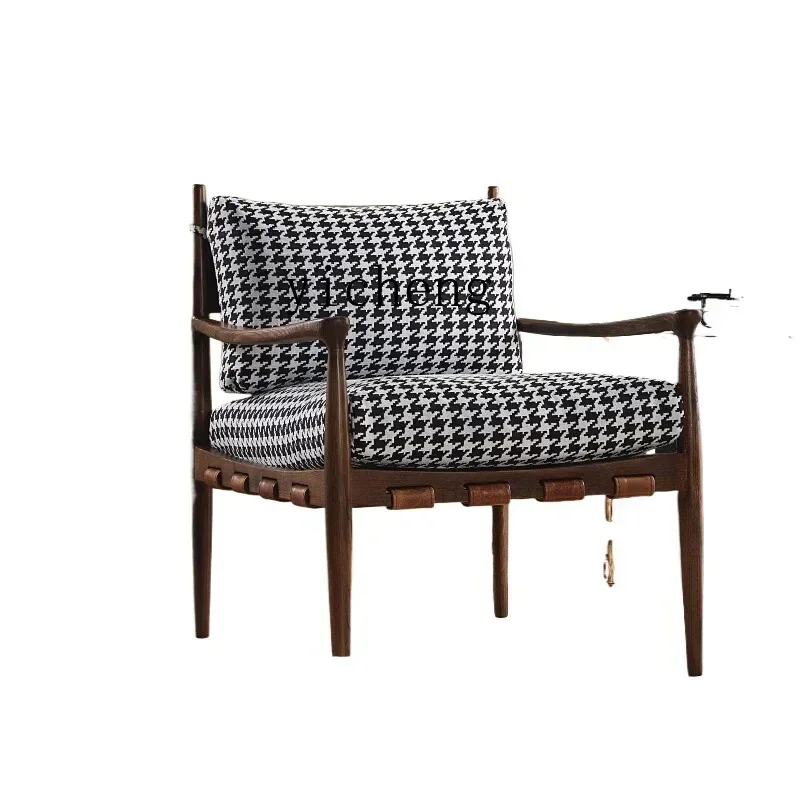 

Nordic Wabi Wind Living Room Single Sofa Bedroom Thousand Bird Grid Long Hair Leisure Chair Modern Solid Wood Recliner