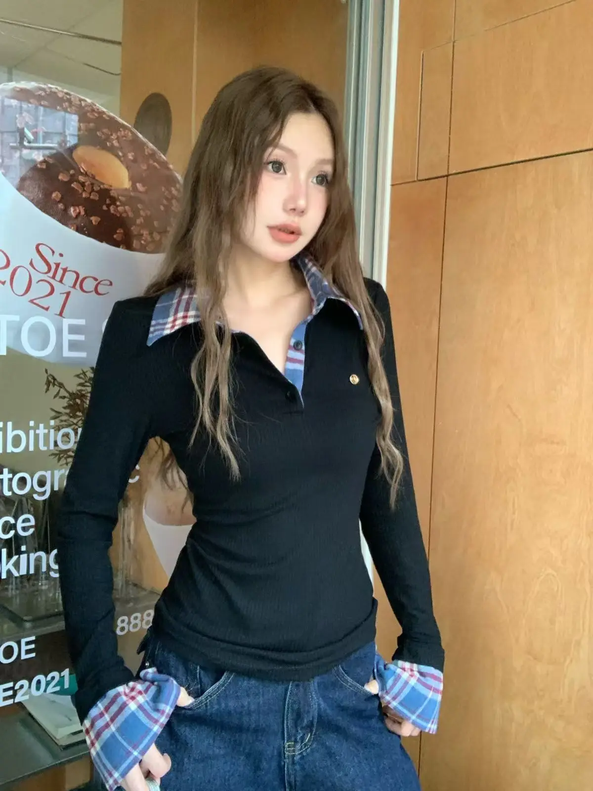 

Korean minority fake two plaid stitching knitwear women's spring design sense chic slim slim long-sleeved top