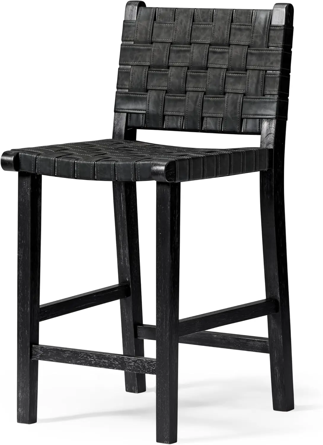 Taburete de mostrador Noah de 26"" - Silla de madera maciza con altura de mostrador, acabado Bla envejecido tejido artesanal con cuero vegano Bla carbón