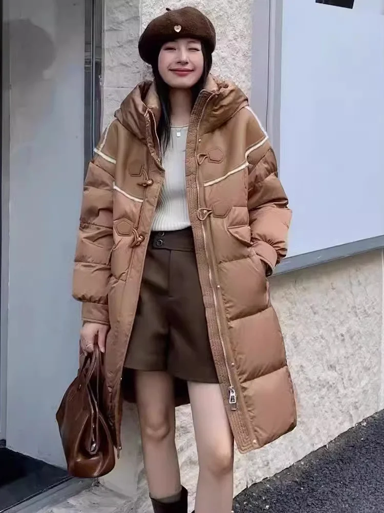 Winter Warm Coat Hooded Splicing Long Down Jacket Horn Buckle Thickened White Duck Down Temperament Elegant Slim Women's Coats