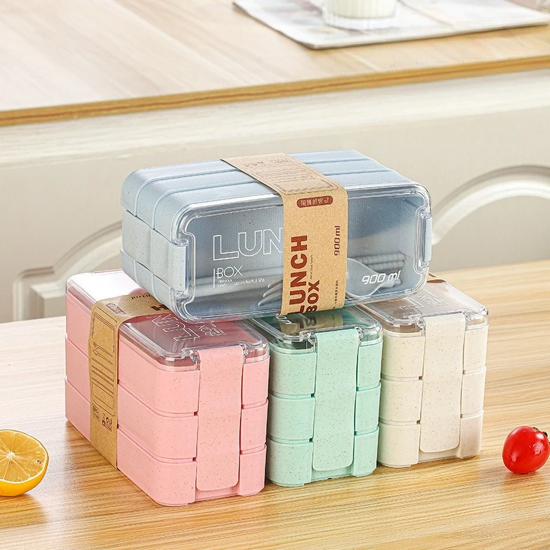 3 Compartment Wheat Straw Lunch Box Reusable Eco Friendly Bento Container Portable Meal and Snack Food Storage Tableware