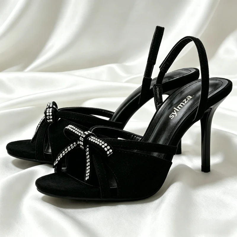 

Luxury Rhinestone Bow Decoration Black Heels Women Elegant Peep-toe Slingback High-heeled Sandals Fashion Banquet Dress Shoes