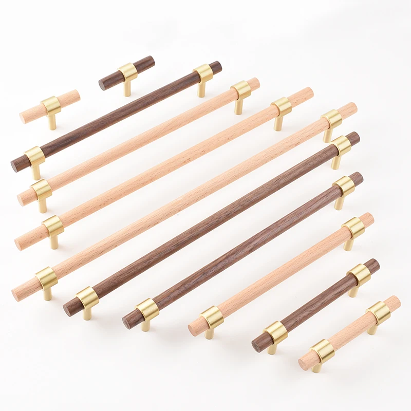 Various Sizes Black Walnut Beech Wooden Handles Drawer Knobs Gold Kitchen Furniture Door Handles Cupboard Brass Cabinet Pulls