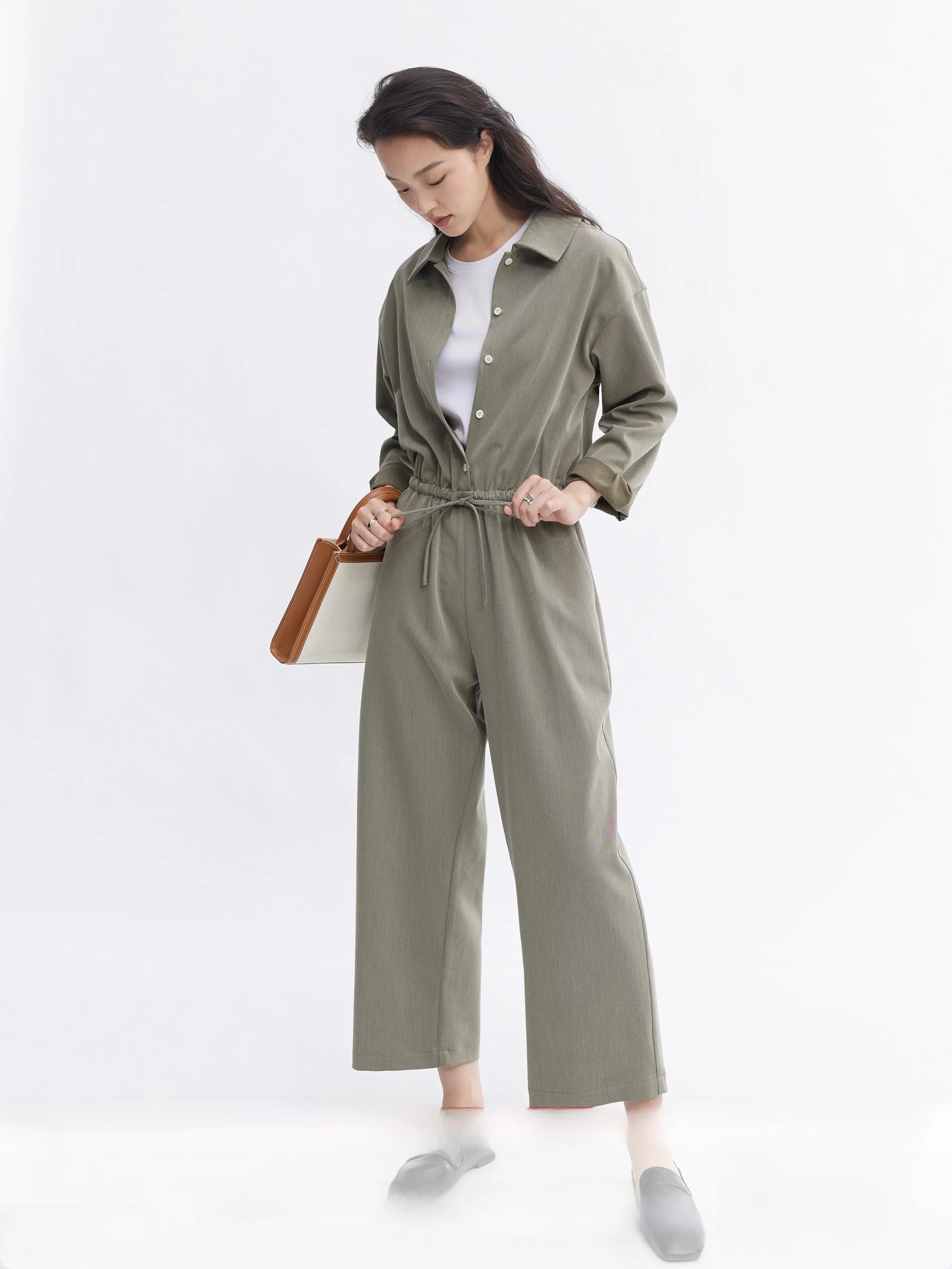 

Pumen XUS Casual irt Collar Elastic Waist Workwear Overalls High Waist Wide Leg Pants Commute Sle Polyester Fabric