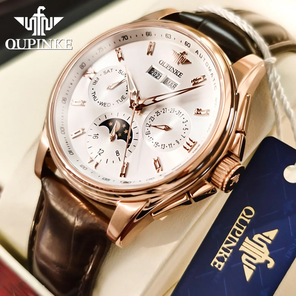OUPINKE Luxury Brand Men\'s Watches Multifunctional Moon Phase Fully Automatic Mechanical Male Watch Waterproof Year Month Day