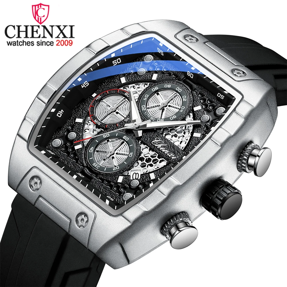 CHENXI Men's Sport Tonneau Fashion Quartz Watch Multifunction Chronograph Date Waterproof Luminous Premium Quality Wristwatch