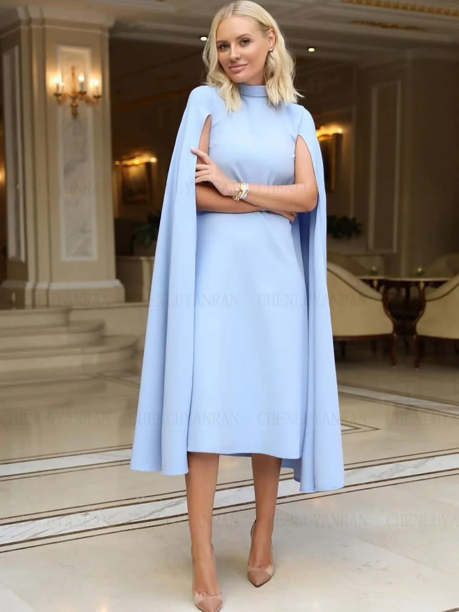 

Blue Simple Formal Occasion Dresses 2023 High Neck Long Evening Gowns Long Sleeves Short Satin Formal Party Dress فساتين السهرة
