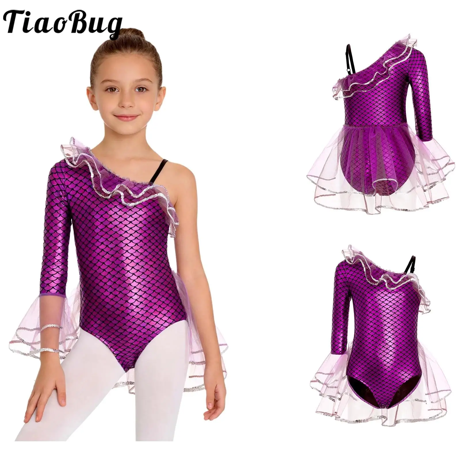 Girls Halloween Mermaid Cosplay Costume Ballet Dance Skating Gymnastics Leotard Metallic Fish Scale Long Sleeve Mesh Jumpsuit