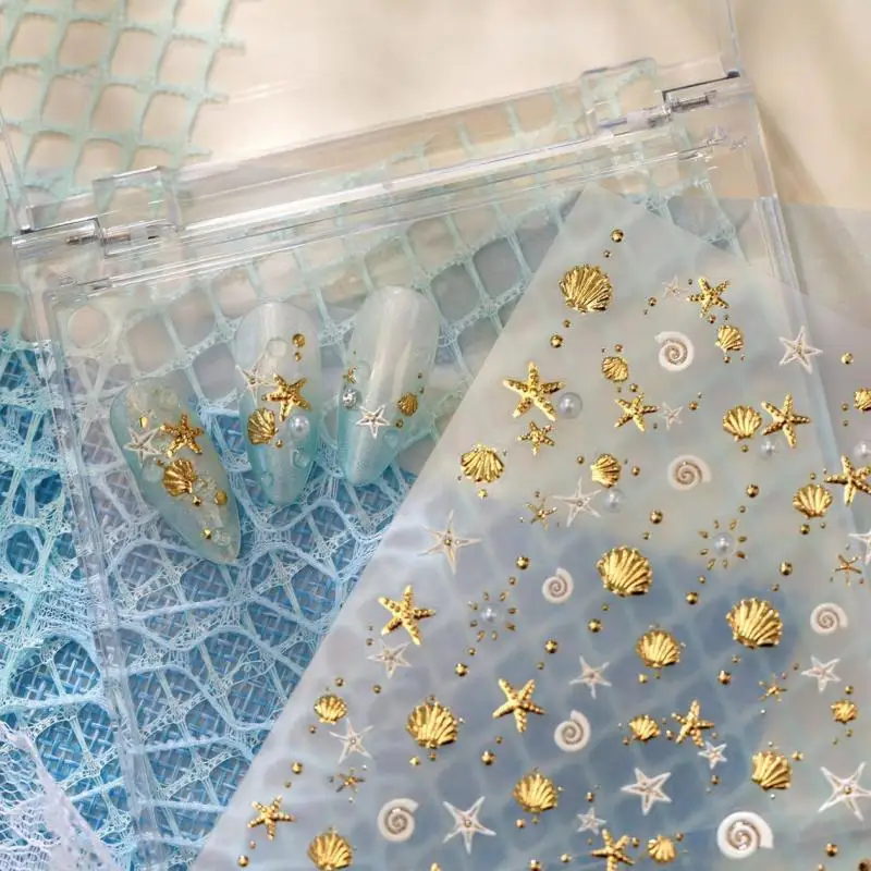 Gold Stamped Shell Conch Scallop Starfish Pearl 5D Embossed Self Adhesive Nail Art Stickers Delicate Ocean Style Manicure Decals