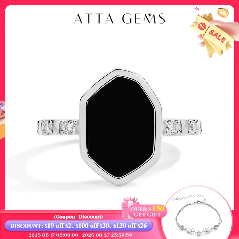 

ATTAGEMS Hexagon Black Onyx Rings for Women Men Moissanite Side Edge S925 Silver 18K White Gold Plated Party Daily Jewelry Gifts