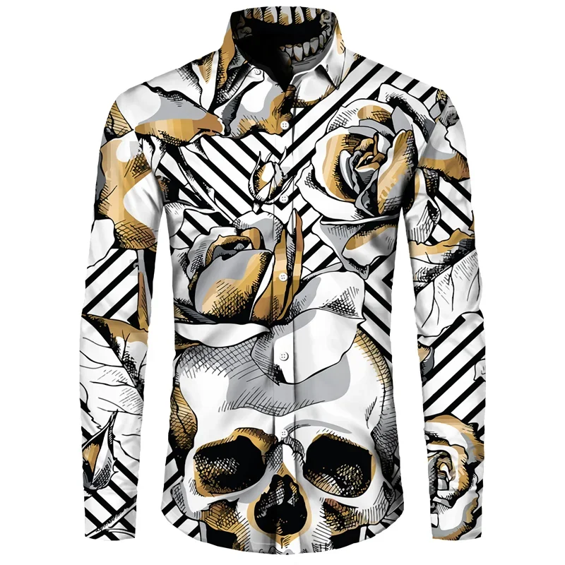 

Luxury Skull Floral 3D Print Men Shirts Turn-down Collar Buttoned Up Long Sleeve Tops Personality Hip Hop Streetwear Shirt Tees