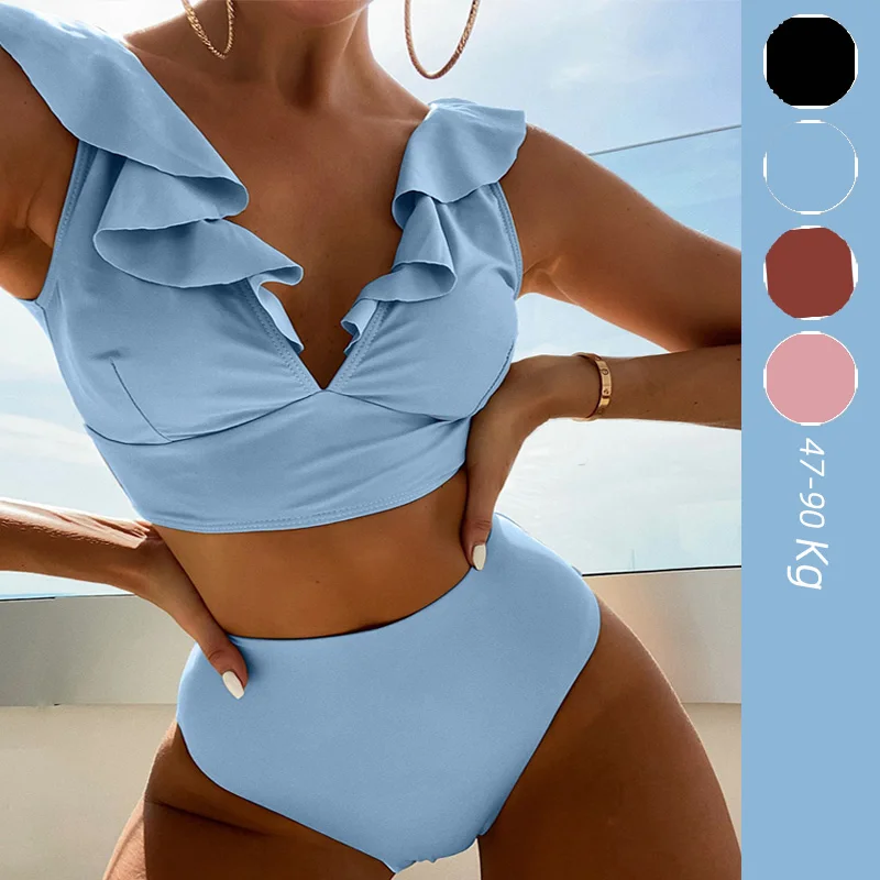 

2025 New Sexy Bikini Swimsuit Large Size Girls' Separate V-ne High-waist Flounce Slimming Swimwear Nylon Fabric with Chest Pad