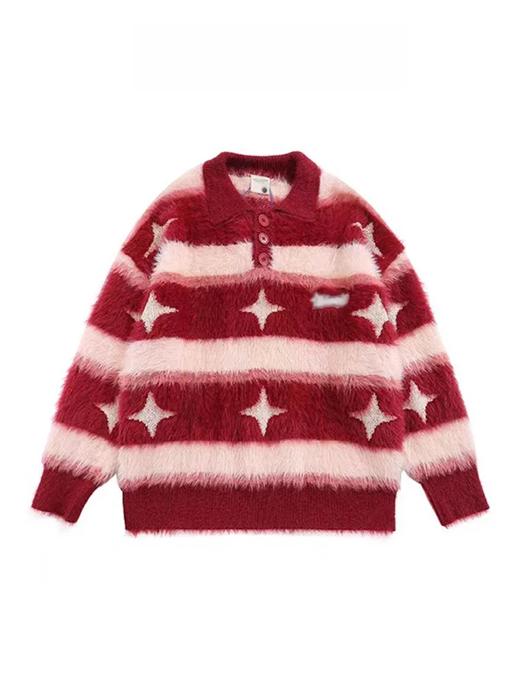 

Soft Red Striped Women's Knitted Sweater Autumn Winter New Sle Mink Fluffy Lazy College Sle Long Sve Top