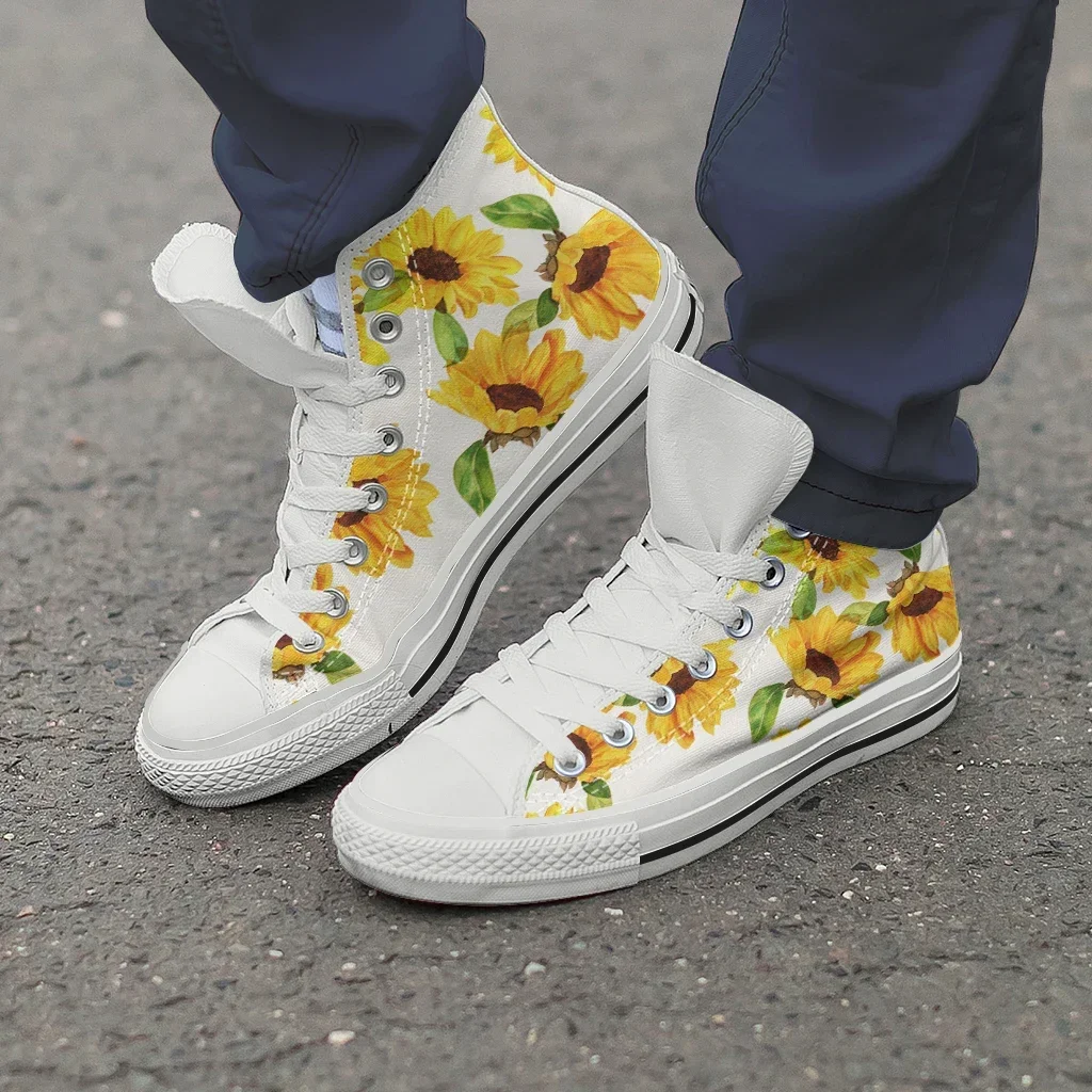 Ladies High Top Canvas Shoes Breathable Walking Vulcanized Sneakers Print Beautiful Sunflower Student Shoes