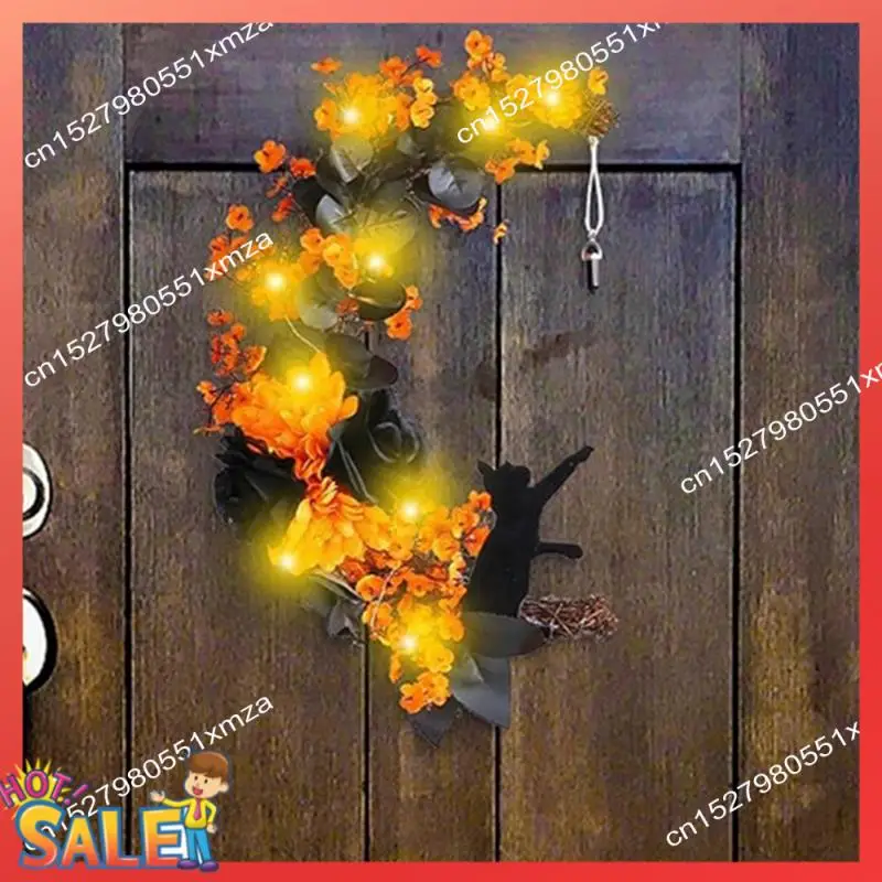 ABCL Ghirlanda per gatti illuminata con ghirlanda per porta lunare di Halloween con rose nere e fiori gialli per bomboniere sulla porta d'ingresso
