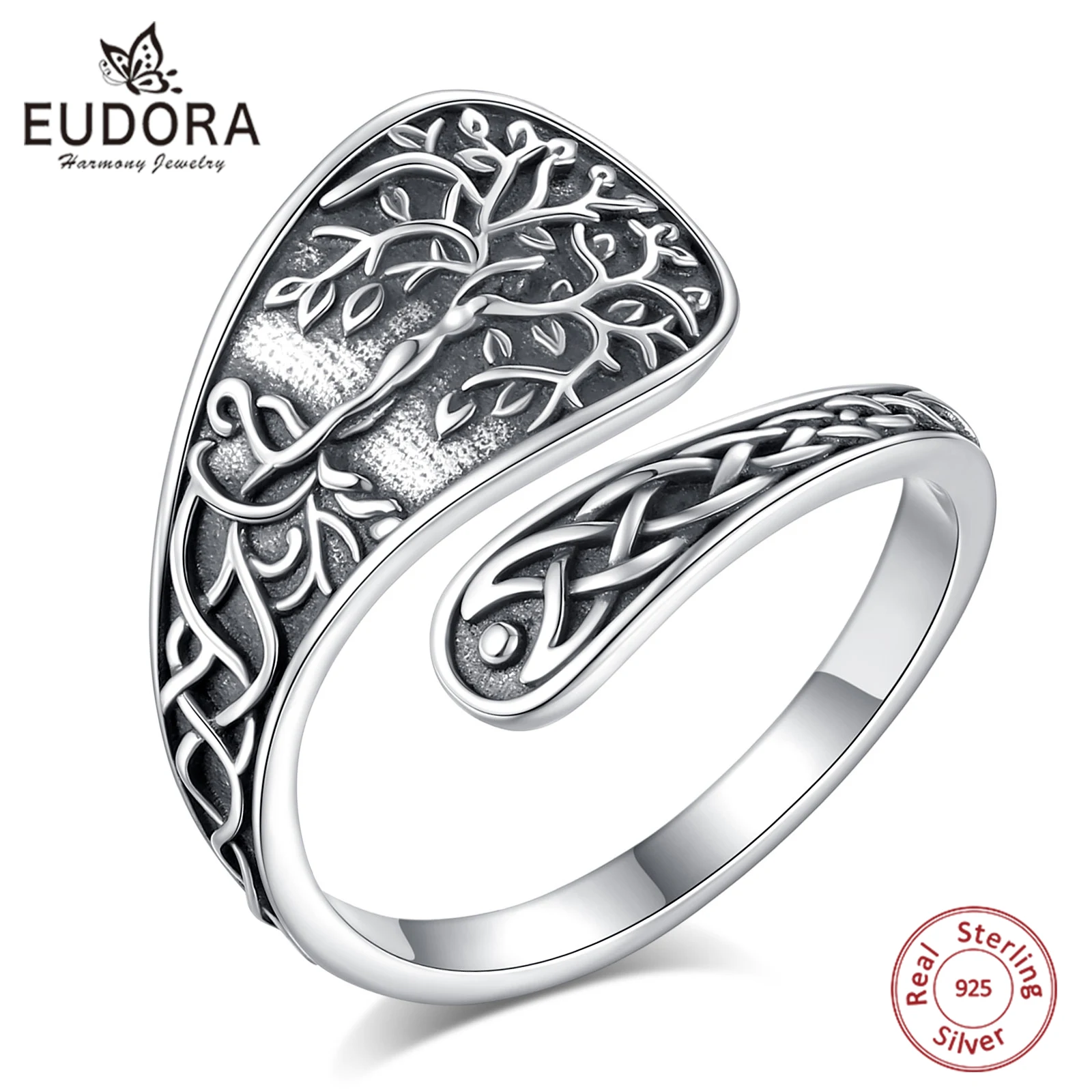 Eudora 925 Sterling Silver Tree of Life Adjustable Ring Vintage Celtic Knot Amulet Spoon Ring Fine Jewelry Gift for Men Women