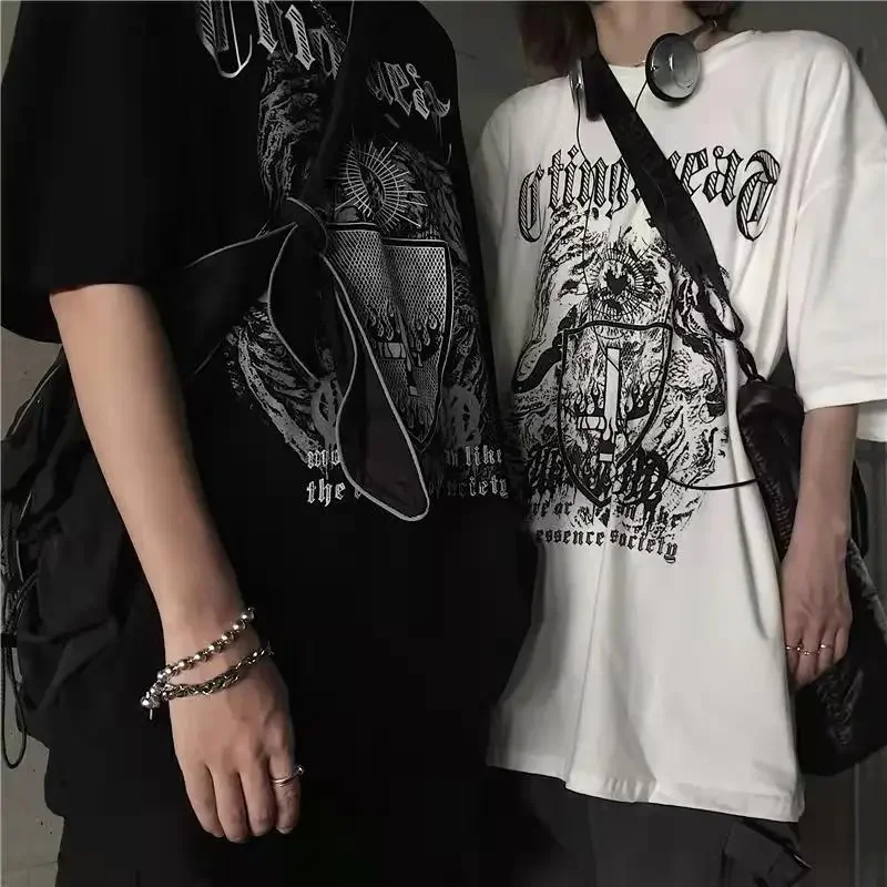 原宿-女性用y2kアニメプリントtシャツ,原宿トップ,レトロな韓国スタイル,黒のデーモンパンクゴシック服,特大グラフィック