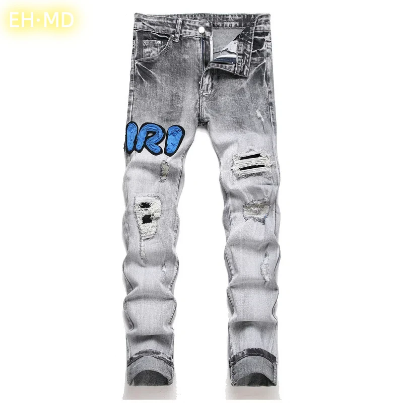 

Hand Embroidered Jeans Men Gradient color Pattern Personality Cotton High Elastic Slim Trousers 3D High Street Wash Hole Skull