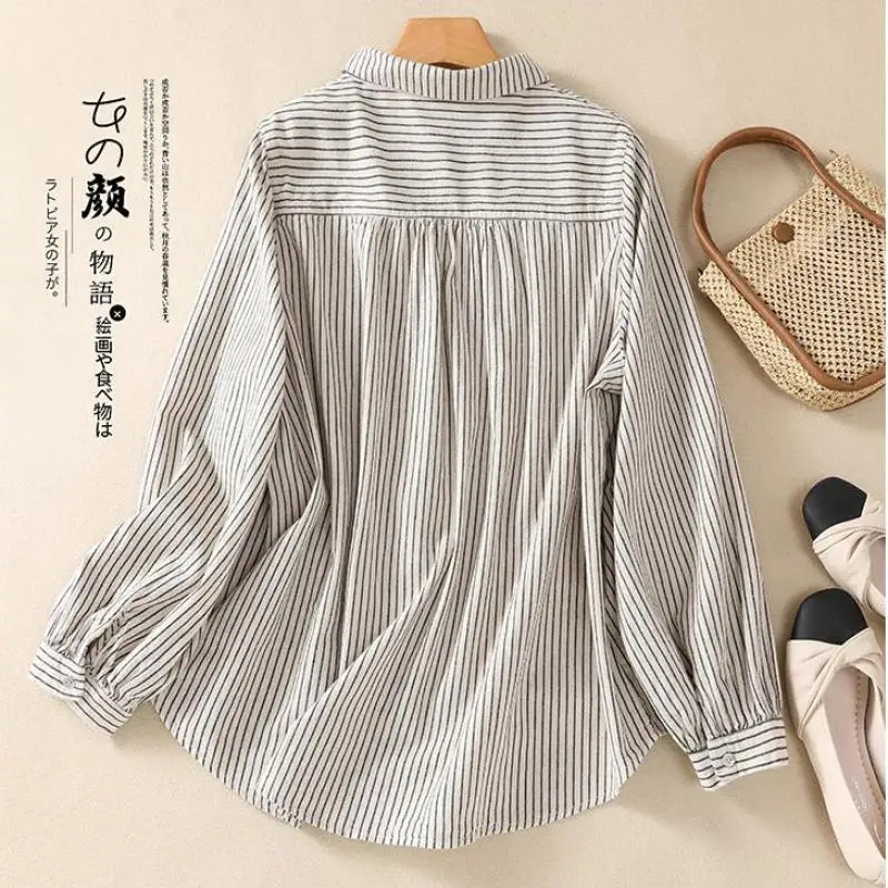 New Spring Autumn Women Long Sleeve Peter Pan Collar Casual Shirts Striped Cotton Linen Single Breasted Casual Blouse Female