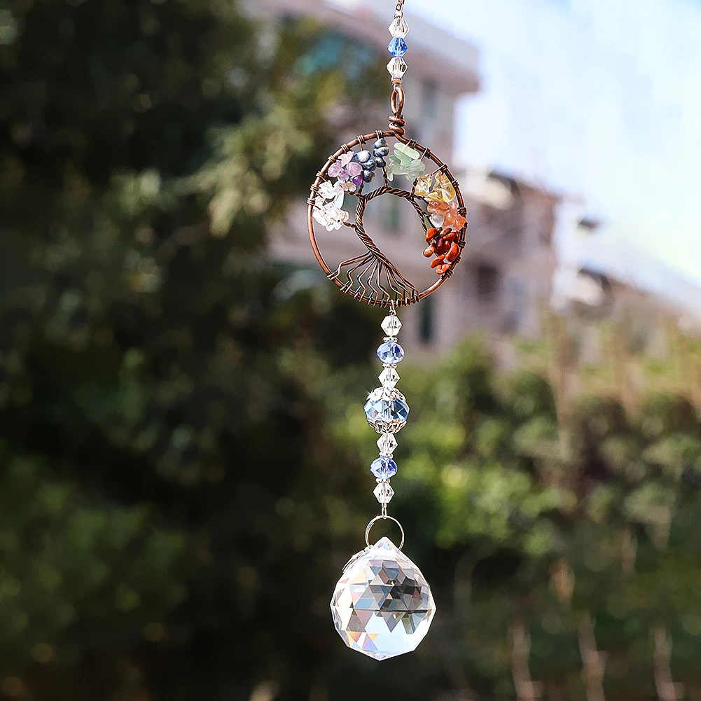 Chakra Tree of Life Prism Crystal Sun Catcher Pendnat Lucky Hanging Copper Wire Wrap Healing Spiritual Balance Garden Decoration