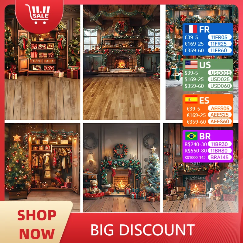 Vertical Christmas Photography Background Indoor Fireplace Fire Christmas Tree Candle Gifts Bell Wreath Decoration Photo Studio