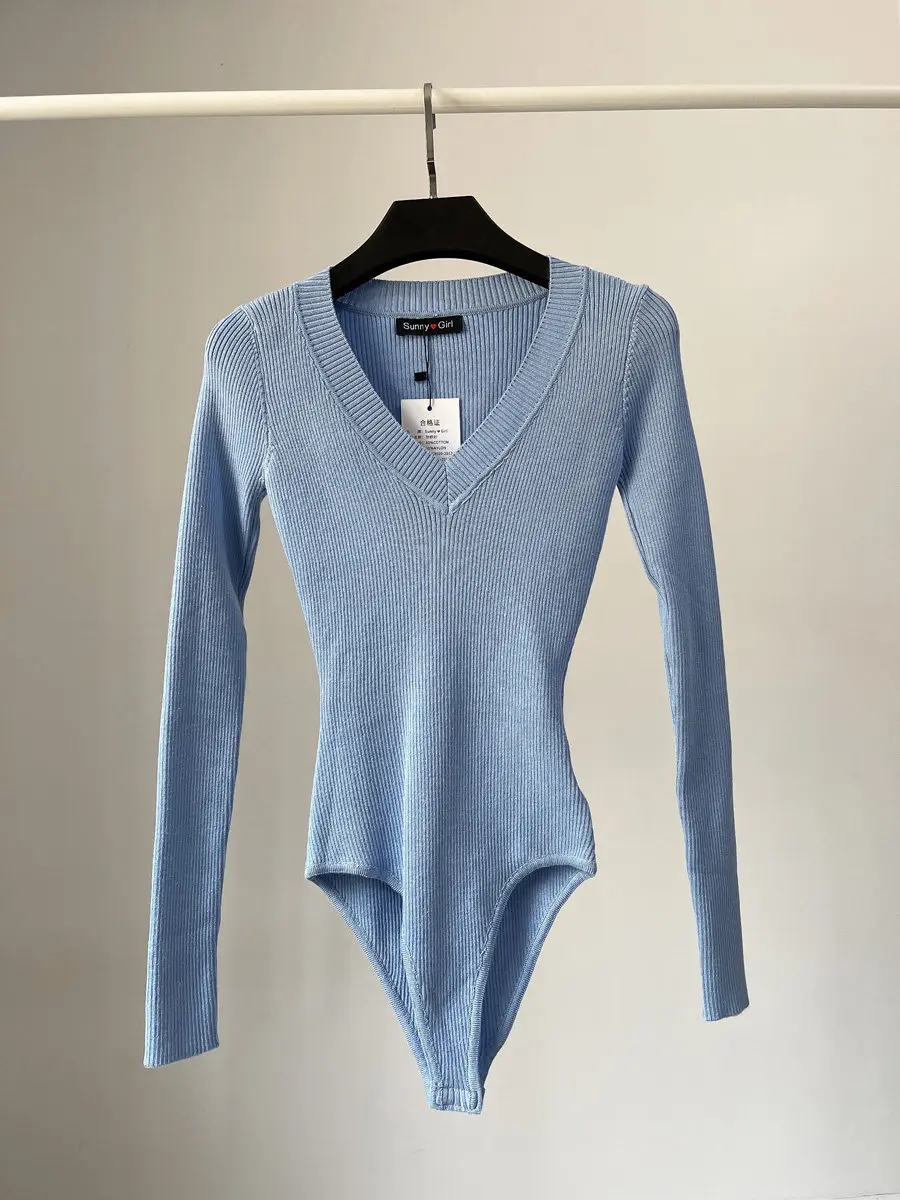 High Street Bodysuit Women's Tight Elastic Knit Knit Sexy Deep V-neck Inner Long Sleeved Base Jumpsuit Top