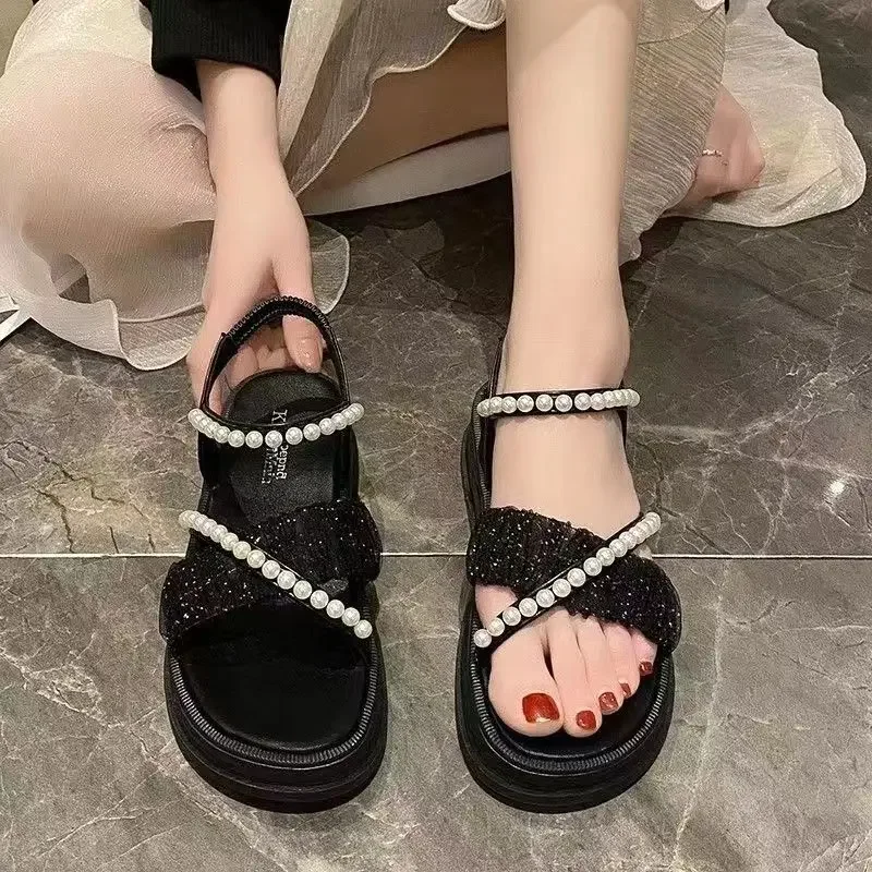 Platform Roman Style Summer 2024 Women\'s Shoes Pearl White Beach Sandals for Woman Footwear Trend Sale Luxury Vintage Vip Sandal