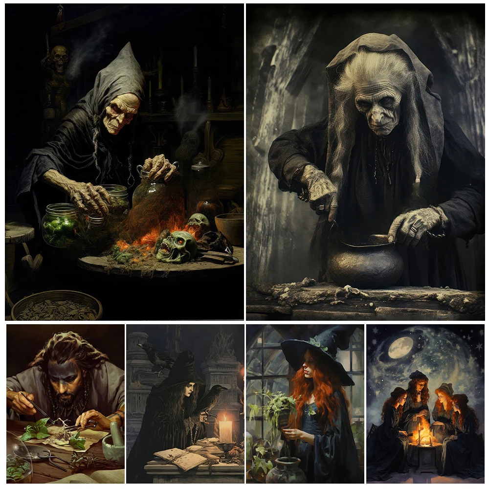 Macabre Witch Cooking Potion Vintage Wall Art Canvas Painting Herbal Divination Witch Art Poster And Print Home Decor Unframed